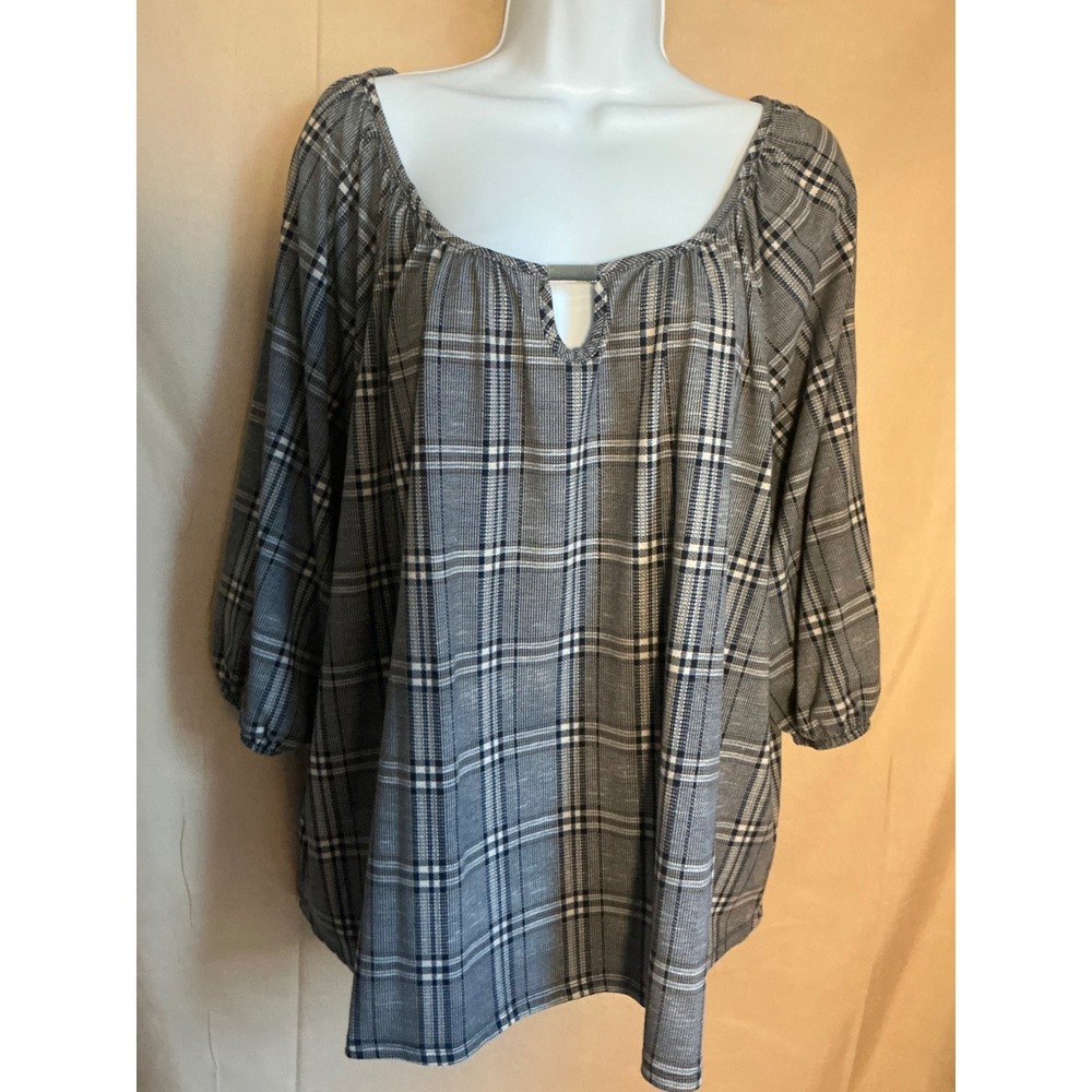 Mandy Evans Plaid Blouse Women Grey Black Excellent Keyhole Peasant Top 23.5 PTP